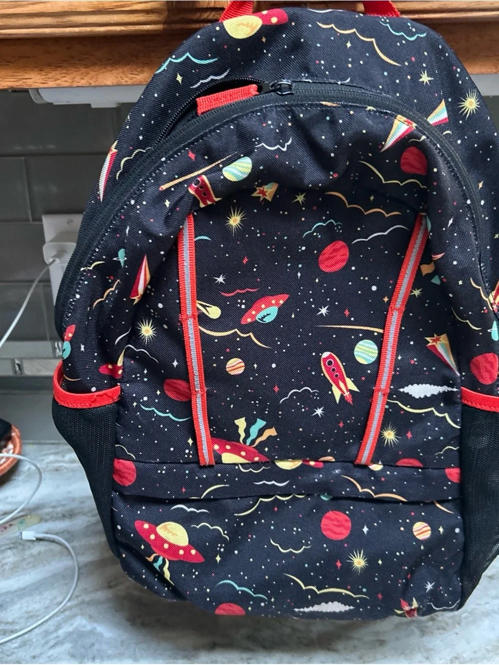 Lands End Classmate Kids Backpack Light Weight Black Rockets & Spaceships Boys.